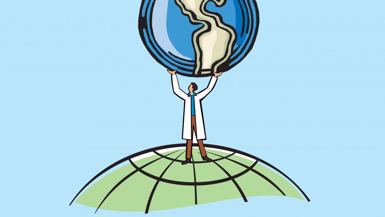 Illustration eines Wissenschaftlers, der die Erdkugel mit seinen Händen über dem Kopf hält. Illustration eines Wissenschaftlers, der die Erdkugel mit seinen Händen über dem Kopf hält.