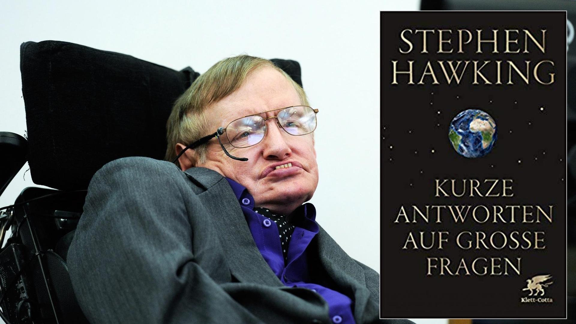 Stephen Hawking bei einem seiner letzter Auftritte, Buchcover "Kurze Antworten auf große Fragen"