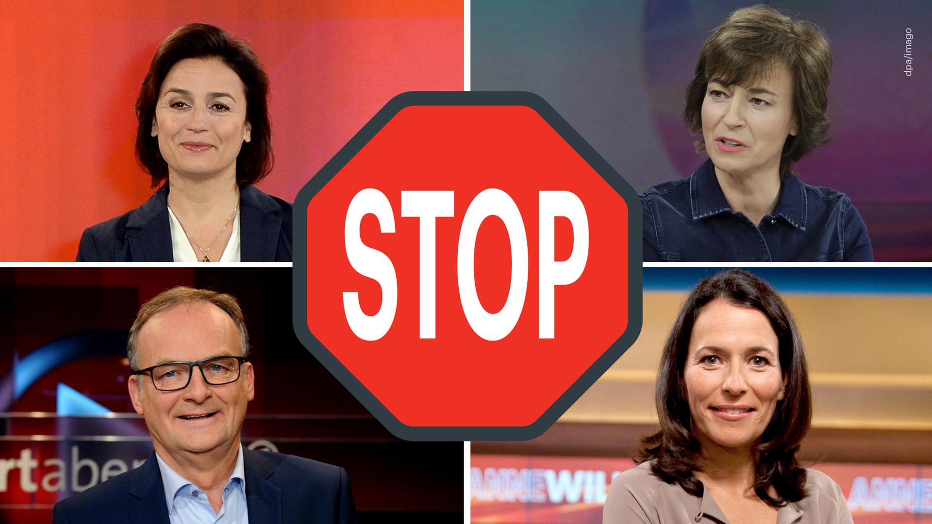 Portraits der Talkmaster Sandra Maischberger, Maybrit Illner, Frank Plasberg und Anne Will, in der Mitte ist ein großes ein Stop-Schild. Portraits der Talkmaster Sandra Maischberger, Maybrit Illner, Frank Plasberg und Anne Will, in der Mitte ist ein großes ein Stop-Schild.