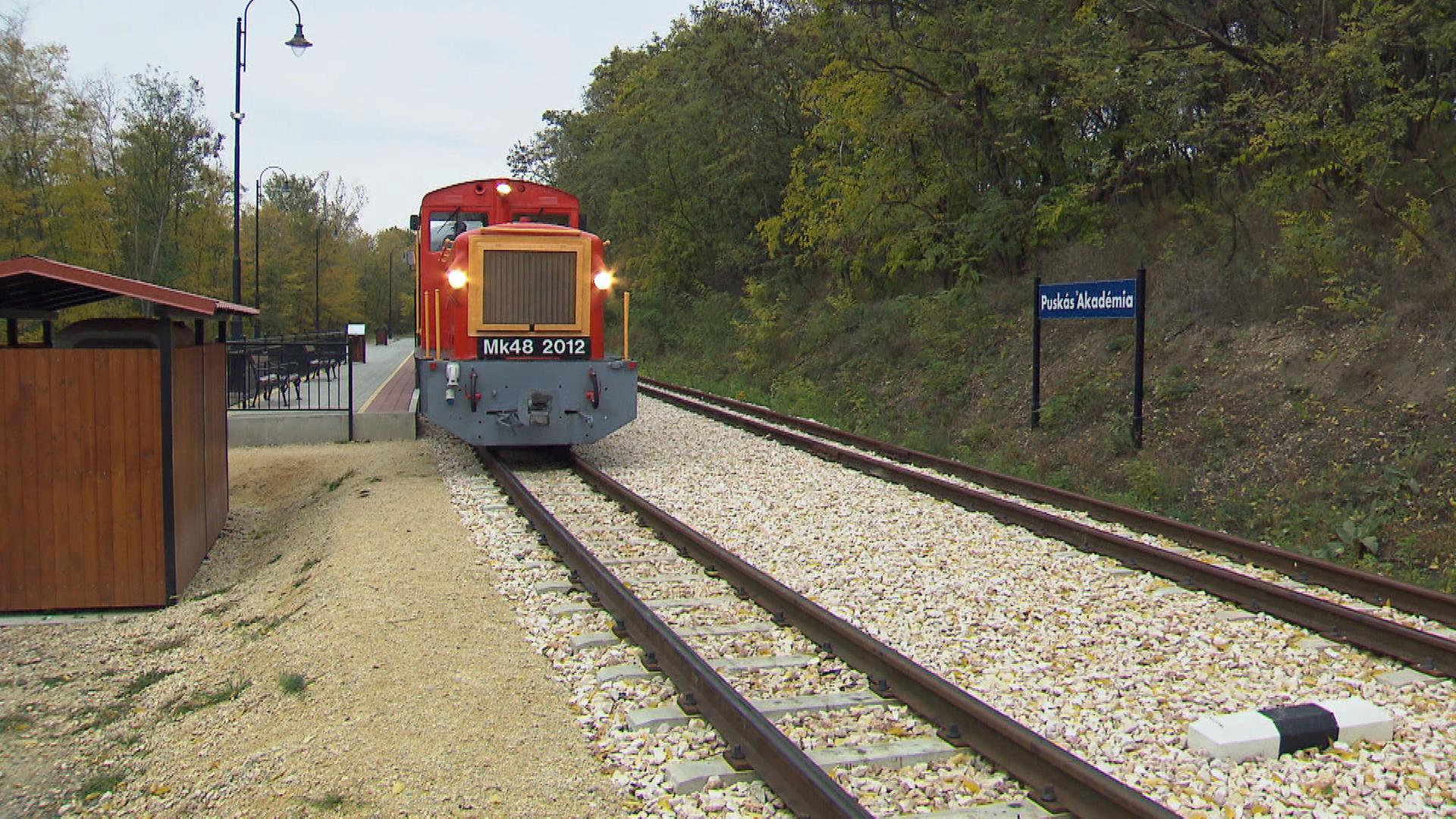 Eine rote Lok fährt in die Station Puskás-Akademie im ungarischen Felcsú ein