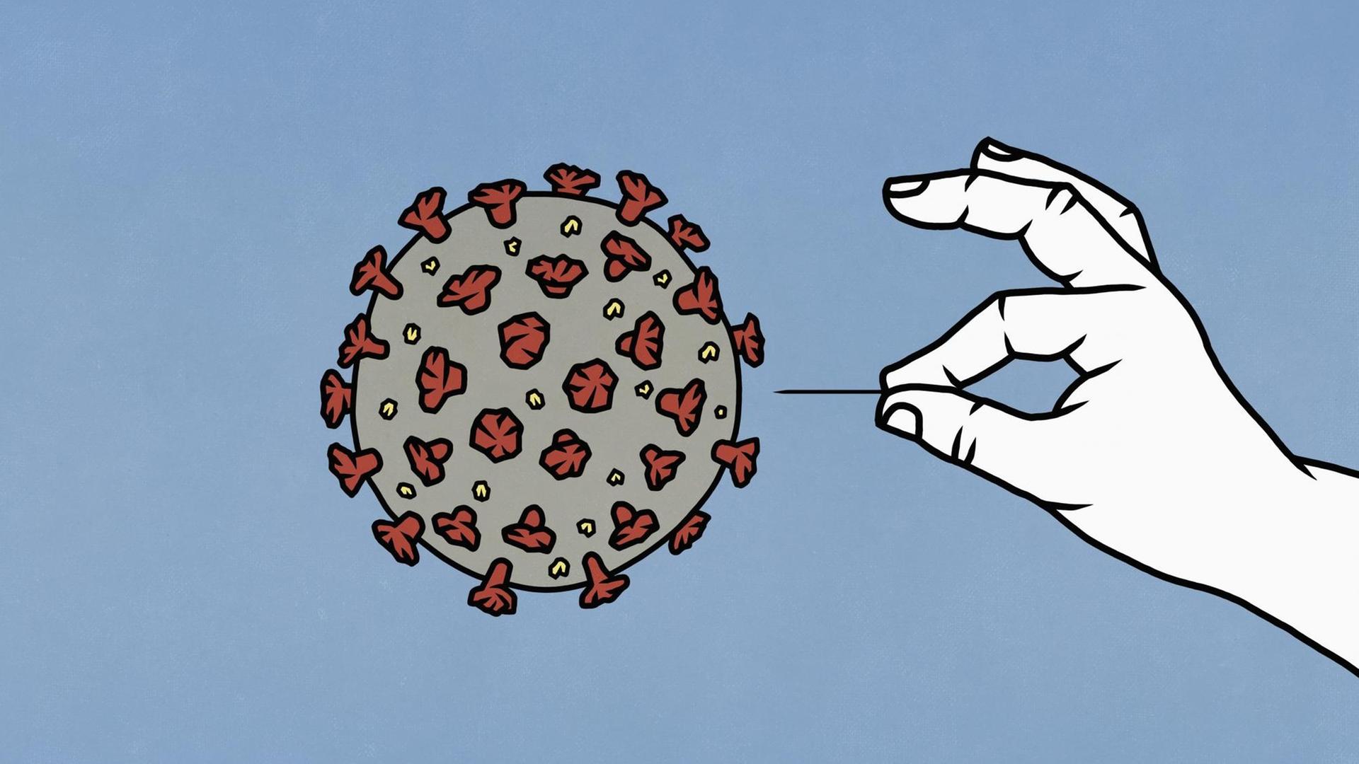 Illustration: Eine Hand sticht mit einer Nadel in den Coronavirus. Illustration: Eine Hand sticht mit einer Nadel in den Coronavirus.