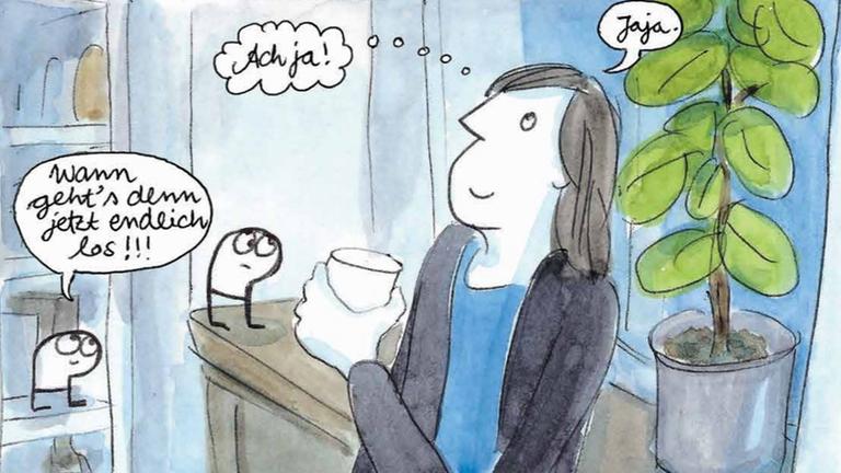 Illustration aus dem Comic "Verlagswesen". Annette Köhn steht neben einer Zimmerpflanze und fragt sich, wann es endlich losgeht.