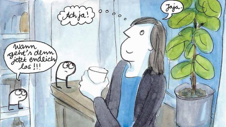 Illustration aus dem Comic "Verlagswesen". Annette Köhn steht neben einer Zimmerpflanze und fragt sich, wann es endlich losgeht. Illustration aus dem Comic "Verlagswesen". Annette Köhn steht neben einer Zimmerpflanze und fragt sich, wann es endlich losgeht.