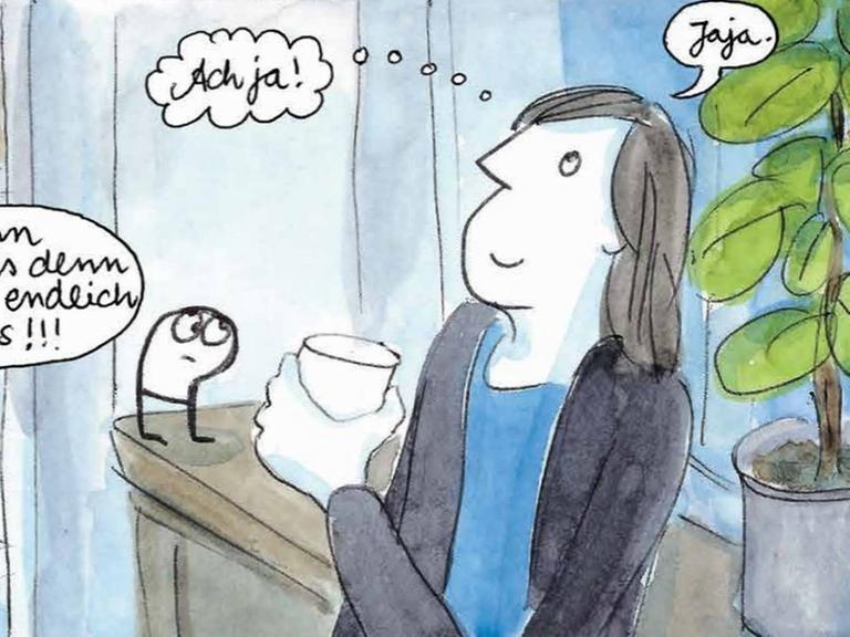 Illustration aus dem Comic "Verlagswesen". Annette Köhn steht neben einer Zimmerpflanze und fragt sich, wann es endlich losgeht.