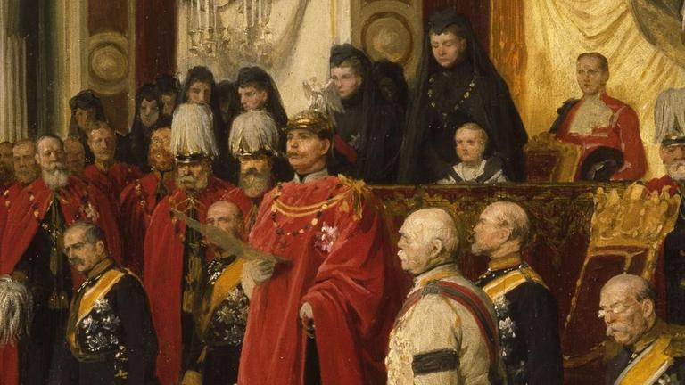 Eröffnung des Deutschen Reichstages am 25. Juni 1888. Kaiser Wilhelm II. bei der Thronrede. Hinter ihm die kaiserliche Familie mit Kaiserin Auguste Victoria und dem Kronprinzen Friedrich Wilhelm, vor den Stufen des Throns Reichskanzler Otto von Bismarck. Eröffnung des Deutschen Reichstages am 25. Juni 1888. Kaiser Wilhelm II. bei der Thronrede. Hinter ihm die kaiserliche Familie mit Kaiserin Auguste Victoria und dem Kronprinzen Friedrich Wilhelm, vor den Stufen des Throns Reichskanzler Otto von Bismarck.