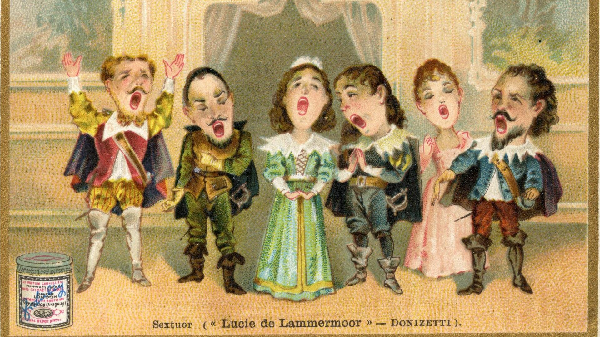 Bunte Illustration mit sechs Sängerinnen und Sängern in historischen Kostümen, die Münder sind weit geöffnet, die Männer tragen Spitzbärte, im Hintergrund ein Vorhang.