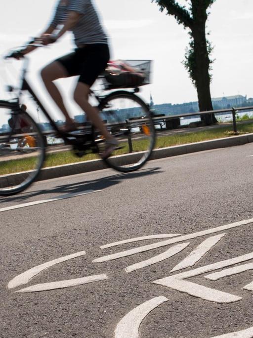 28.05.2018, Hamburg: Eine Fahrradfahrerin fährt auf einer Fahrradstraße an der Außenalster. Der Ausbau zur Fahrradstadt geht dem ADFC in Hamburg nicht schnell genug. Foto: Daniel Bockwoldt/dpa | Verwendung weltweit