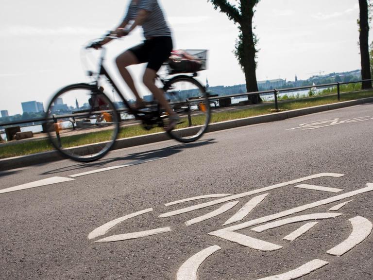 28.05.2018, Hamburg: Eine Fahrradfahrerin fährt auf einer Fahrradstraße an der Außenalster. Der Ausbau zur Fahrradstadt geht dem ADFC in Hamburg nicht schnell genug. Foto: Daniel Bockwoldt/dpa | Verwendung weltweit