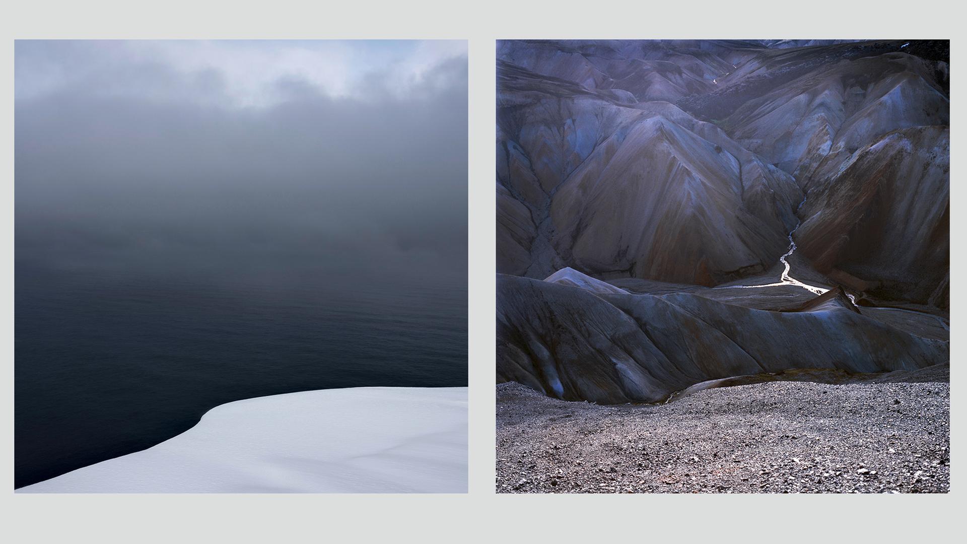 Die Montage zeigt zwei Bilder aus Jan Schefflers Bildband "Das Licht des Nordens" Links Nordkap/Norwegen, rechts Landmannalaugar/Island