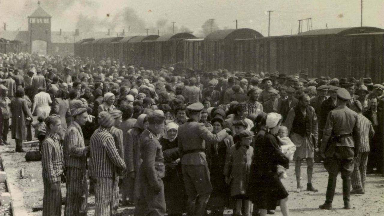 Gefangene werden nach ihrer Deportation in das Vernichtungslager Auschwitz von SS-Männern umstellt. Gefangene werden nach ihrer Deportation in das Vernichtungslager Auschwitz von SS-Männern umstellt.