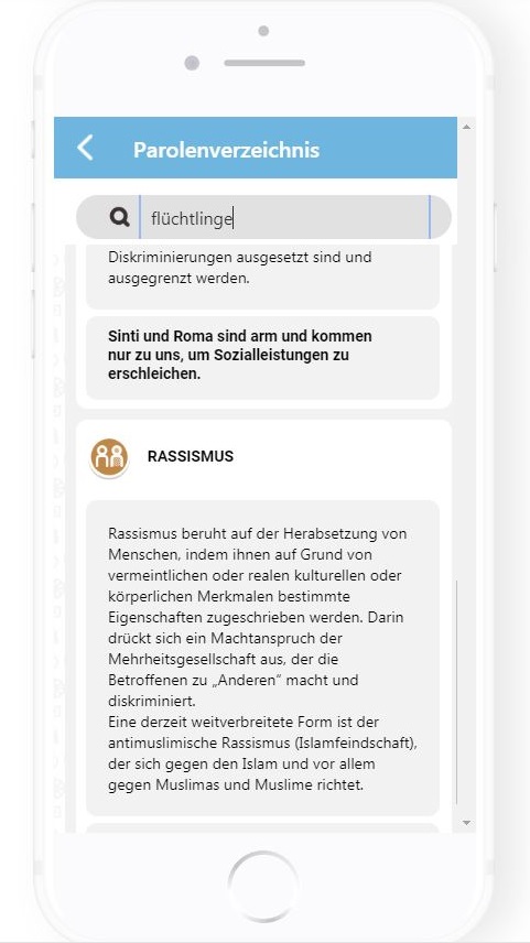 In der App "Konterbunt" ist ein Parolenverzeichnis zu finden, in dem zum Beispiel Begriffserläuterungen zum Thema Rassismus stehen. In der App "Konterbunt" ist ein Parolenverzeichnis zu finden, in dem zum Beispiel Begriffserläuterungen zum Thema Rassismus stehen.