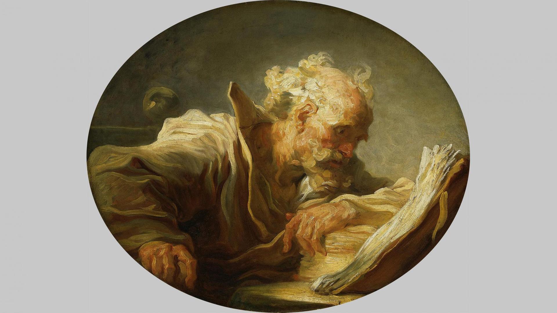 Malerei von Jean-Honoré Fragonard. "Der Philosoph", um 1764. Ein weißhaariger Mann vor einem Buch.