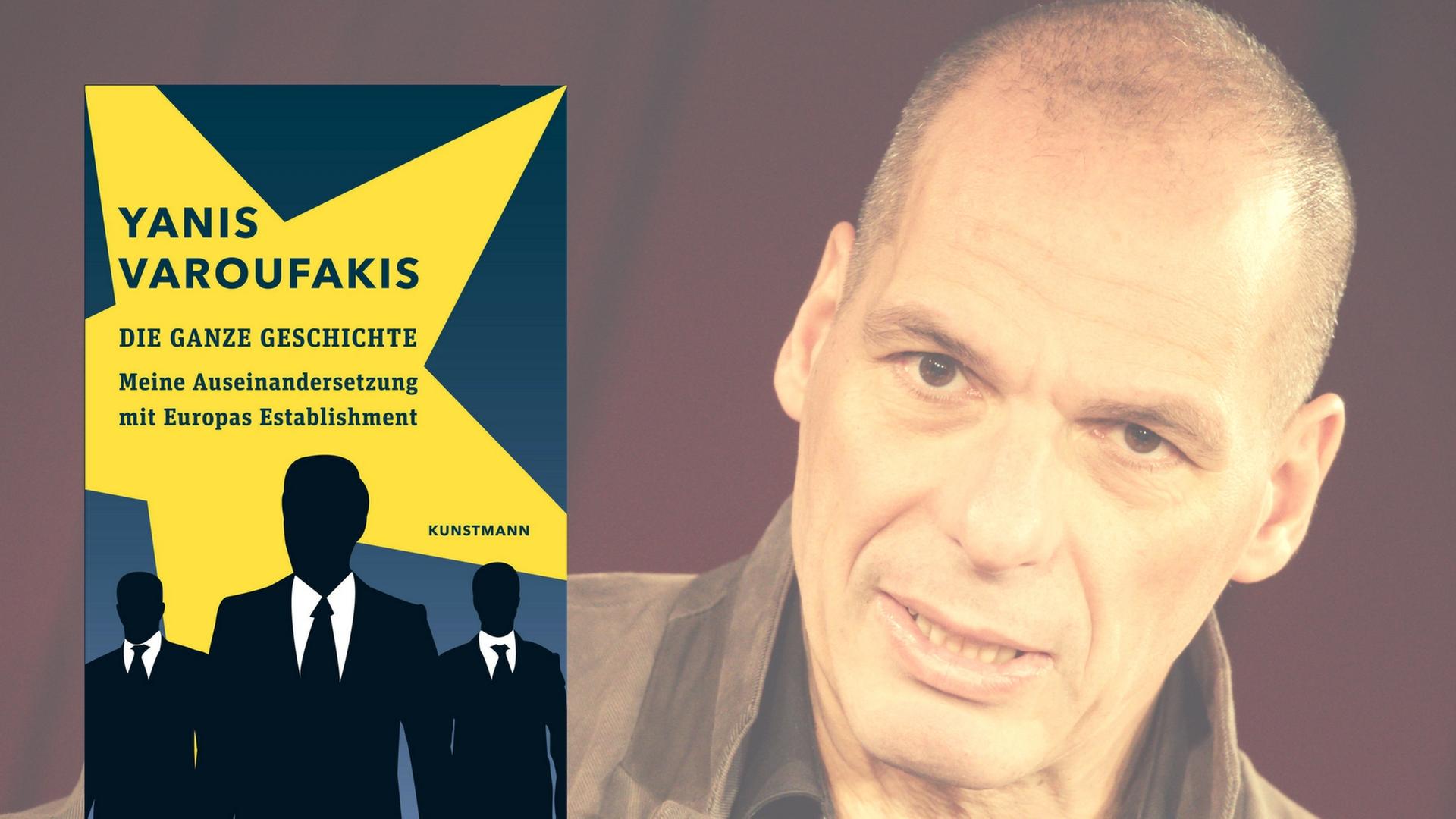 Im Vordergrund das Buchcover von Yanis Varoufakis "Die ganze Geschichte", im Hintergrund ein Porträt von Varoufakis Im Vordergrund das Buchcover von Yanis Varoufakis "Die ganze Geschichte", im Hintergrund ein Porträt von Varoufakis