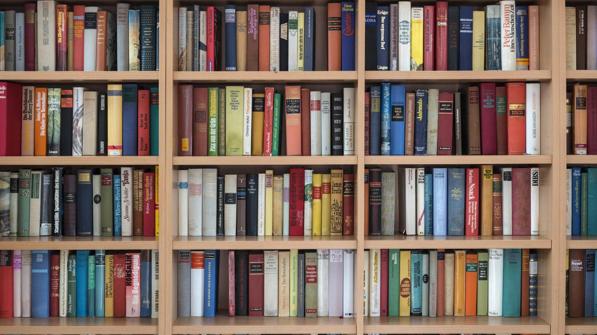 Eine Bücherwand mit Bücherrücken Eine Bücherwand mit Bücherrücken