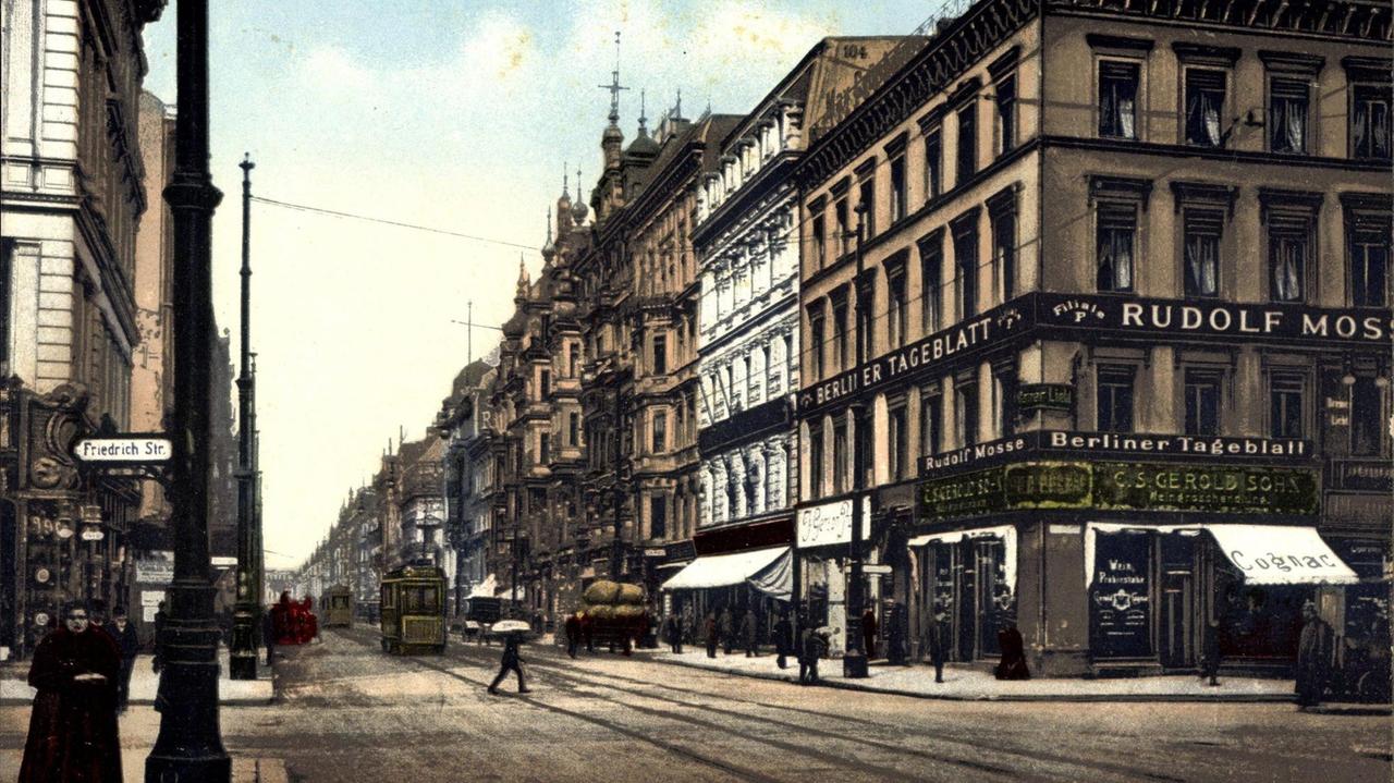 Postkartenansicht der Leipziger Straße Ecke Friedrichstraße mit dem Gebäude des Berliner Tageblatt von 1935.