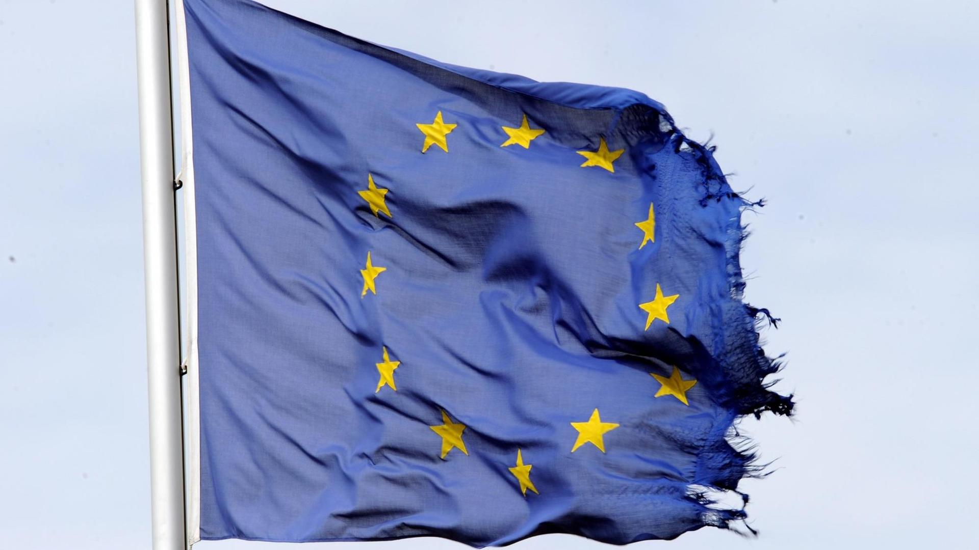 Eine etwas ausgefranste Europaflagge weht an der deutsch-dänischen Grenze in der Nähe von Tondern Eine etwas ausgefranste Europaflagge weht an der deutsch-dänischen Grenze in der Nähe von Tondern