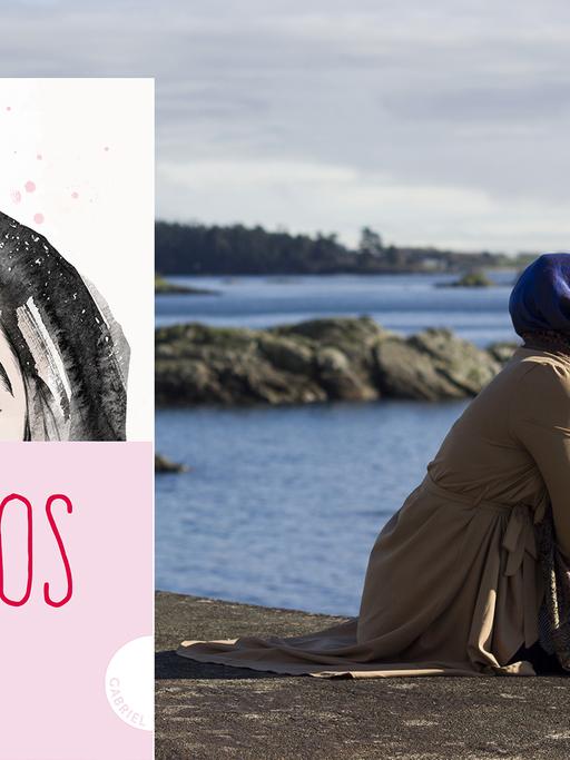 Im Vordergrund das Buchcover des Buchs "Schamlos", im Hintergrund eine junge Frau mit blauen Kopftuch, die am Wasser sitzt und auf das Meer schaut.