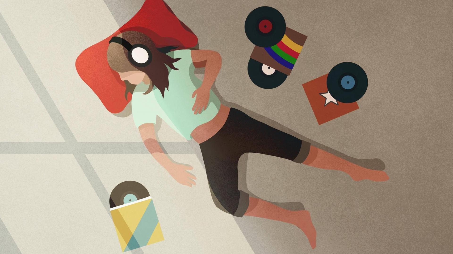 Frau mit Kopfhörern hört Musik an (Illustration). Frau mit Kopfhörern hört Musik an (Illustration).