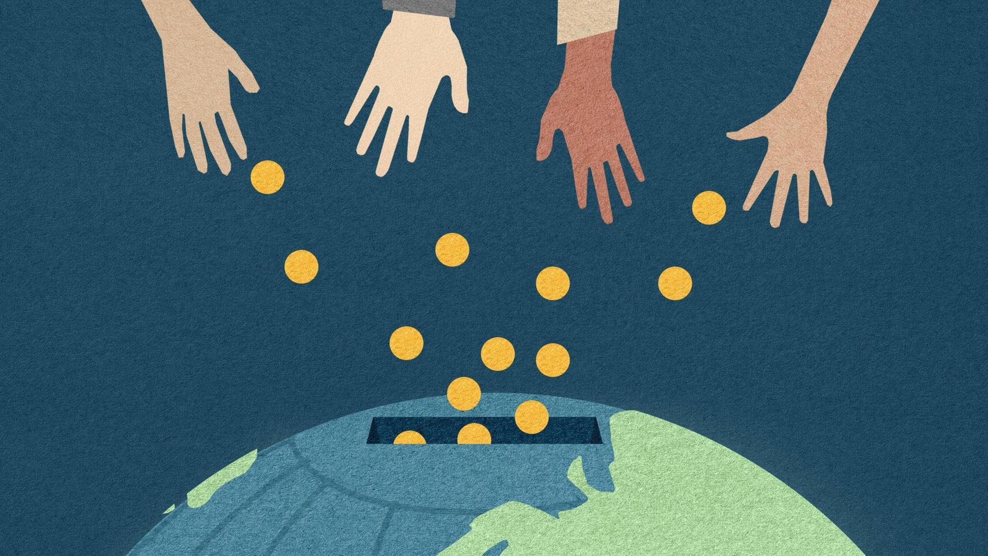 Illustration: Mehrere Hände spenden Geld in eine Welt-Sparbüchse mit Schlitz. Illustration: Mehrere Hände spenden Geld in eine Welt-Sparbüchse mit Schlitz.