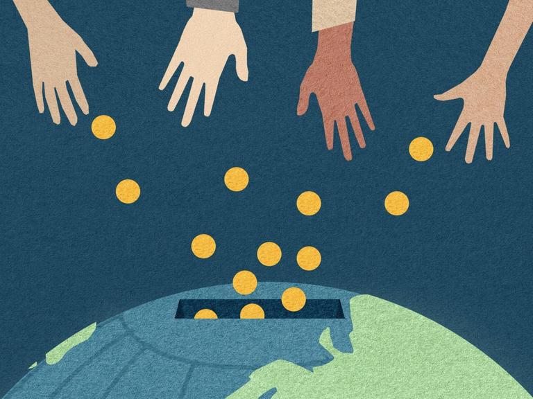 Illustration: Mehrere Hände spenden Geld in eine Welt-Sparbüchse mit Schlitz.