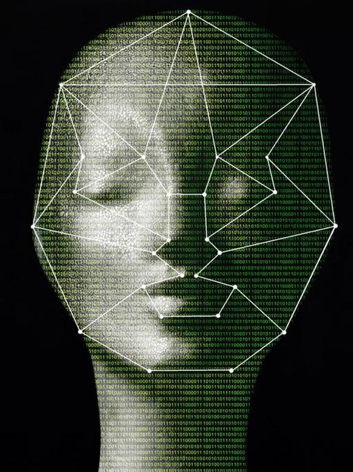 Das Foto zeigt einen Computer-Bildschirm, auf dem ein menschliches Gesicht biometrisch vermessen wird.