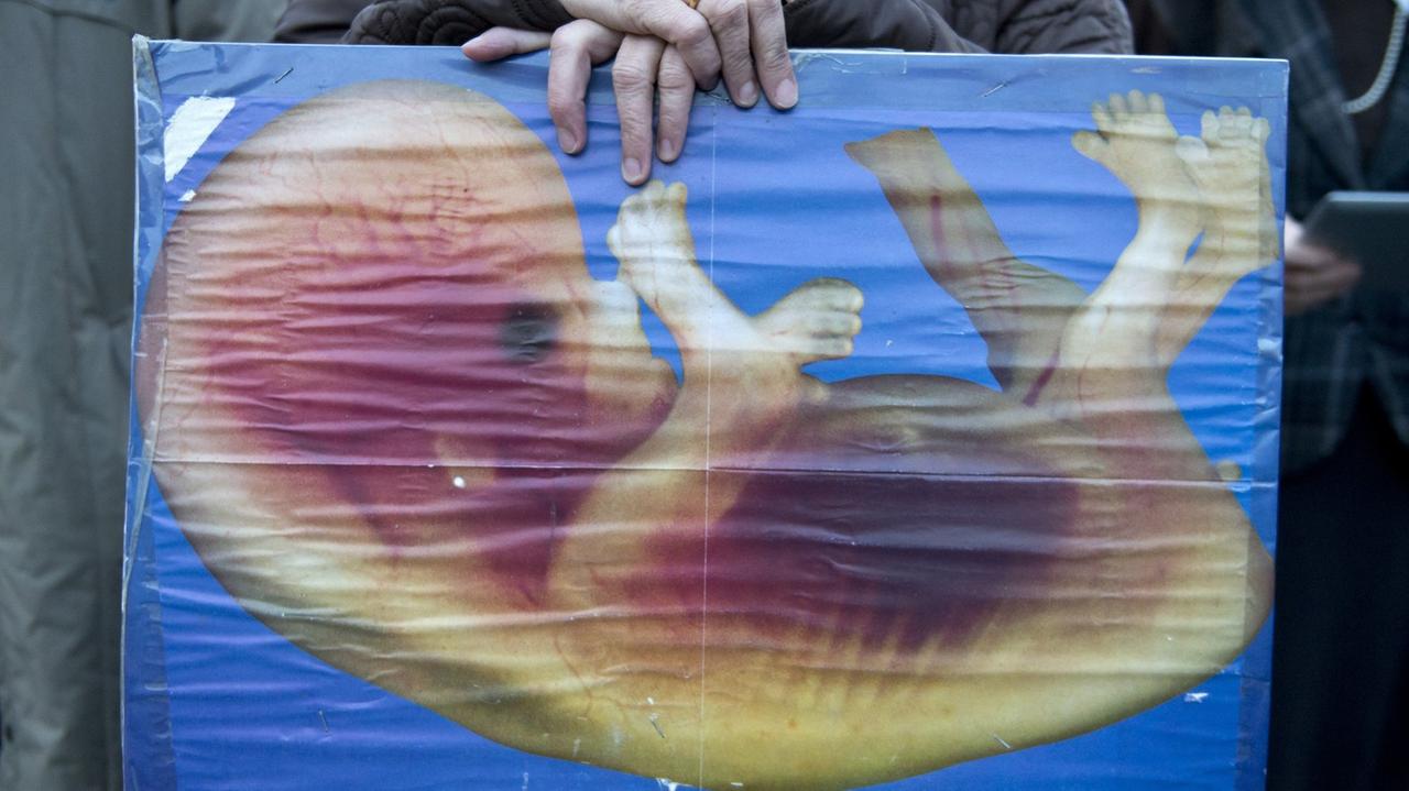 Eine Frau hält in Stuttgart vor dem Rathaus bei einer Demonstration gegen die Stuttgarter Abtreibungsklinik Stapf ein Plakat. Eine Frau hält in Stuttgart vor dem Rathaus bei einer Demonstration gegen die Stuttgarter Abtreibungsklinik Stapf ein Plakat.
