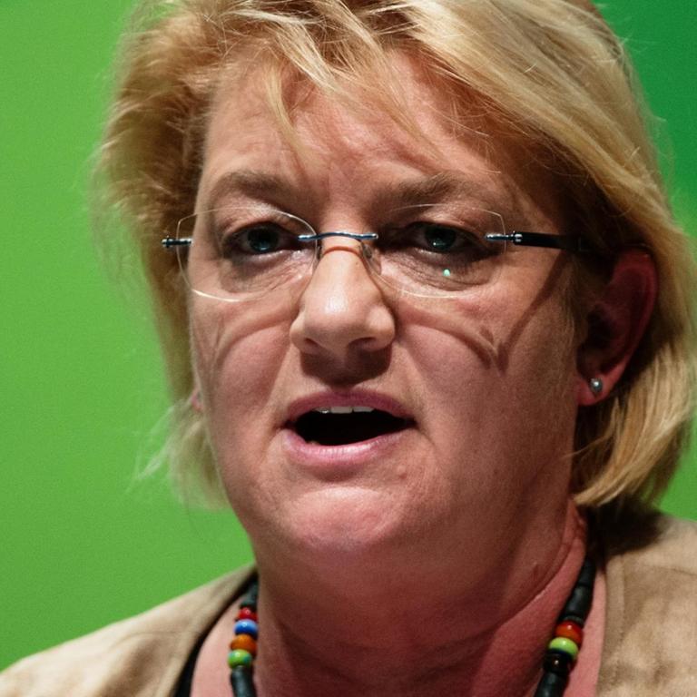 Die Bundestagsabgeordnete Kordula Schulz-Asche spricht in ein Mikrofon, hinter ihr eine grüne Wand.