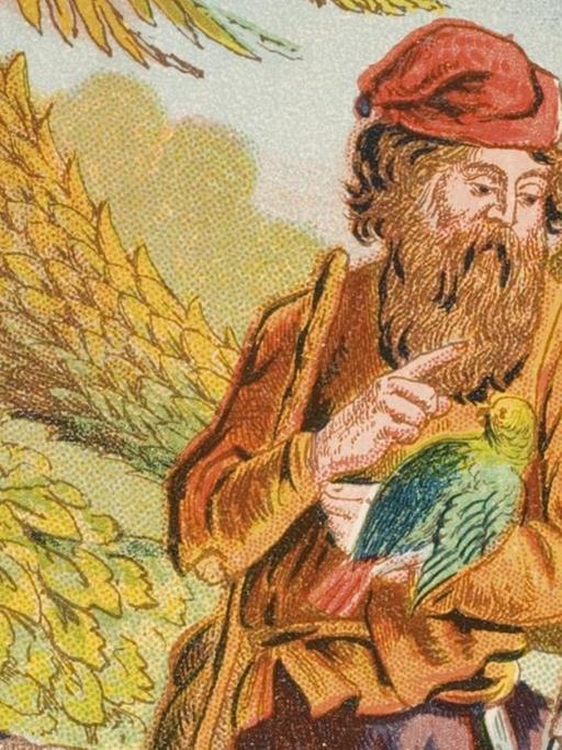 Robinson Crusoe steht am Rande des Dschungels und spricht zu einem Papagei.