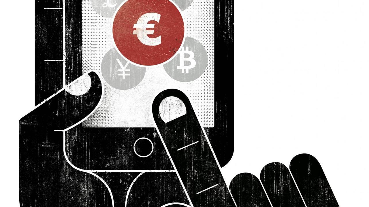Hand wählt ein Eurosymbol auf dem Display eines Smartphones. Hand wählt ein Eurosymbol auf dem Display eines Smartphones.
