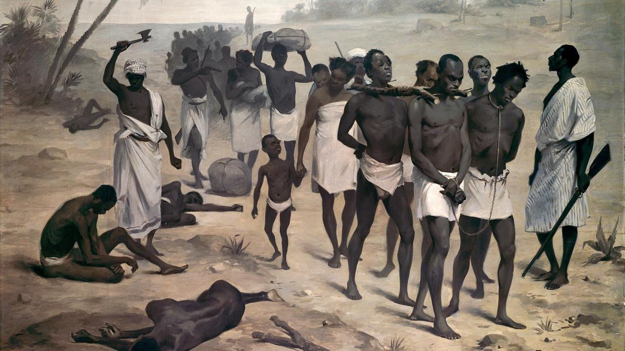 Ein Konvoi von Sklaven in Afrika um 1859, dargestellt in einer anonymen Malerei aus dem19. Jahrhundert. Heute Teil der Sammlung im Pariser Museum am Quai Branly. Ein Konvoi von Sklaven in Afrika um 1859, dargestellt in einer anonymen Malerei aus dem19. Jahrhundert. Heute Teil der Sammlung im Pariser Museum am Quai Branly.