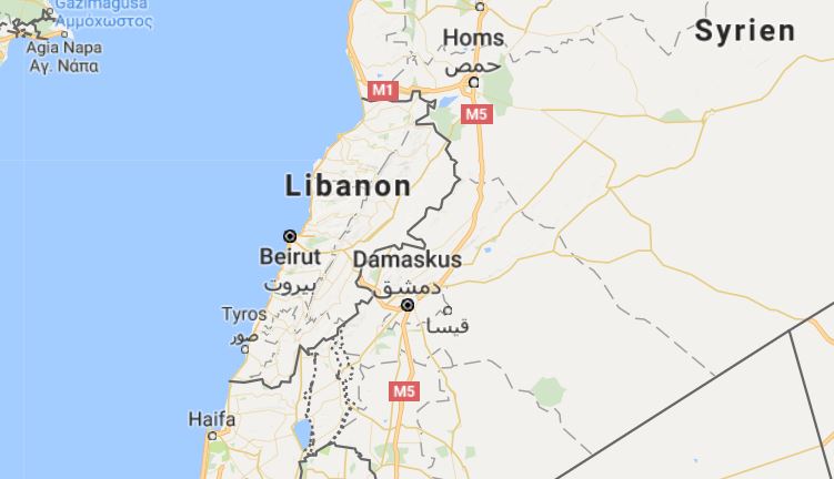 Die Landkarte zeigt den Libanon und einen Teil Syriens und Israels. Die Landkarte zeigt den Libanon und einen Teil Syriens und Israels.