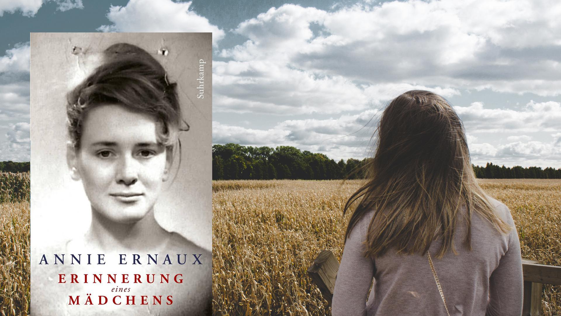 Das Cover von Annie Ernauxs Buch "Erinnerung eines Mädchens", mit einem Porträt der Autorin als junge Frau. Im Hintergrund ist eine Frau zu sehen, die vor einem Kornfeld steht. Das Cover von Annie Ernauxs Buch "Erinnerung eines Mädchens", mit einem Porträt der Autorin als junge Frau. Im Hintergrund ist eine Frau zu sehen, die vor einem Kornfeld steht.