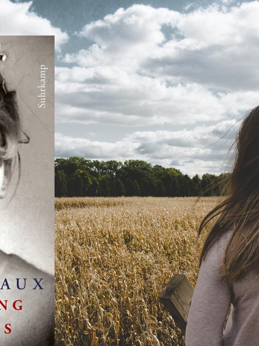 Das Cover von Annie Ernauxs Buch "Erinnerung eines Mädchens", mit einem Porträt der Autorin als junge Frau. Im Hintergrund ist eine Frau zu sehen, die vor einem Kornfeld steht.