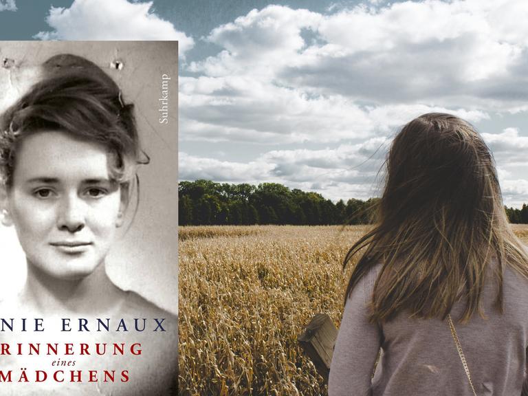 Das Cover von Annie Ernauxs Buch "Erinnerung eines Mädchens", mit einem Porträt der Autorin als junge Frau. Im Hintergrund ist eine Frau zu sehen, die vor einem Kornfeld steht.