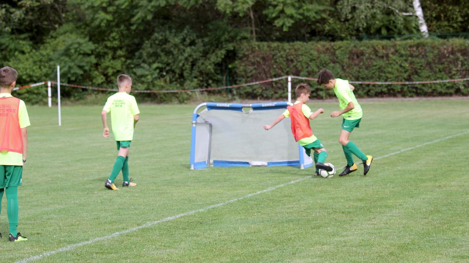 Vier Kinder kämpfen auf einem Fußballrasen an einem kleinen Tor um den Ball. Vier Kinder kämpfen auf einem Fußballrasen an einem kleinen Tor um den Ball.
