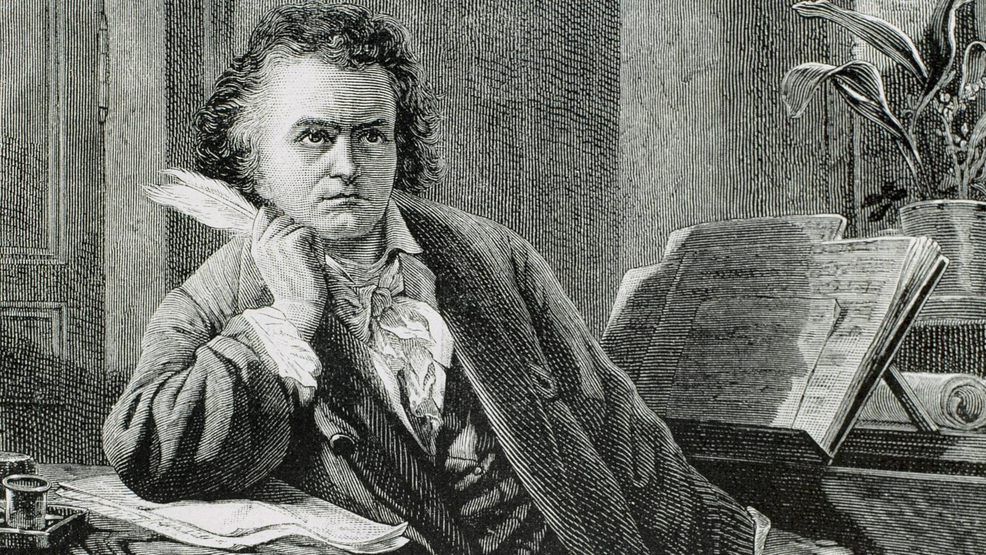 Eine schwarz-weiße Darstellung aus dem 19. Jahrhundert zeigt Ludwig van Beethoven am Klavier sitzend, er stützt seinen Kopf auf seine rechte Hand, hat eine Feder in der Hand und guckt am Künstler vorbei.