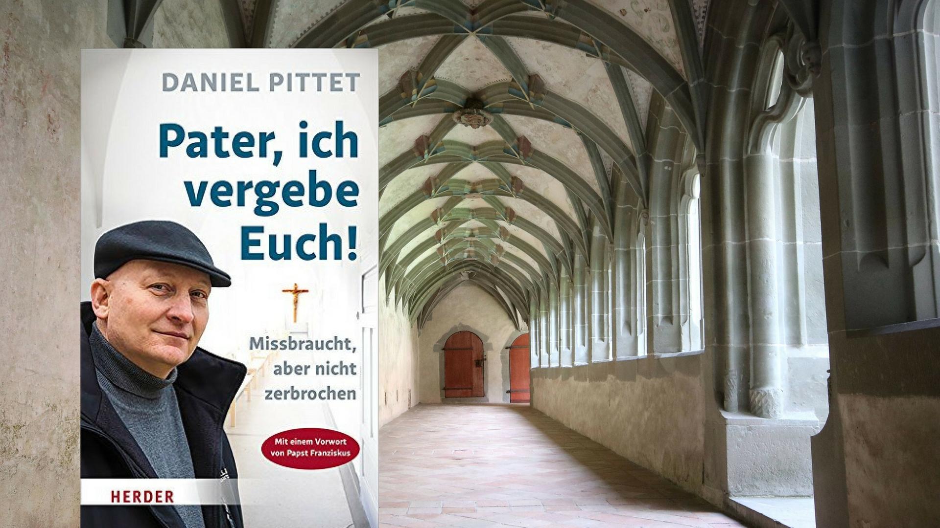 Buchcover "Pater, ich vergebe Euch!" vor dem Hintergrund eines Kreuzgangs Buchcover "Pater, ich vergebe Euch!" vor dem Hintergrund eines Kreuzgangs