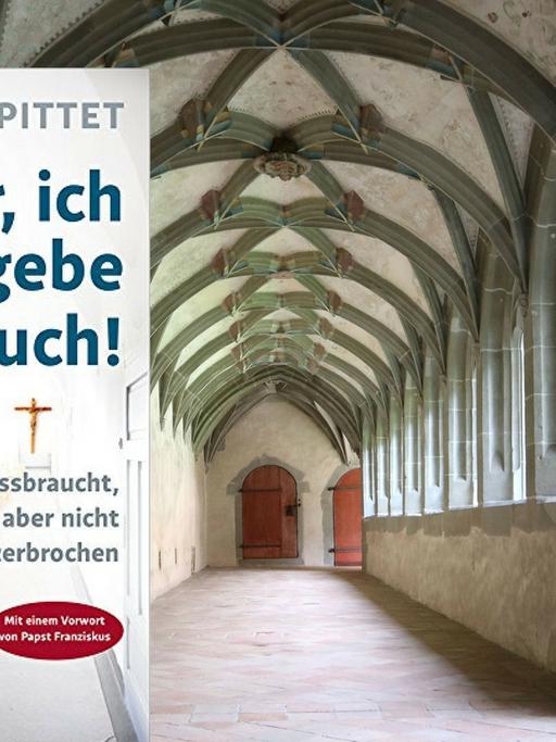 Buchcover "Pater, ich vergebe Euch!" vor dem Hintergrund eines Kreuzgangs