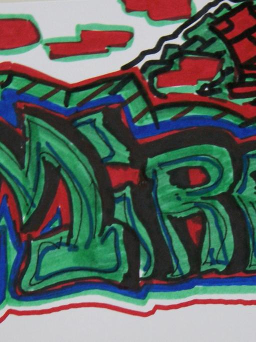 Das autistische Kind Massi hat das Wort "Mirror" zu einem Graffito verarbeitet.