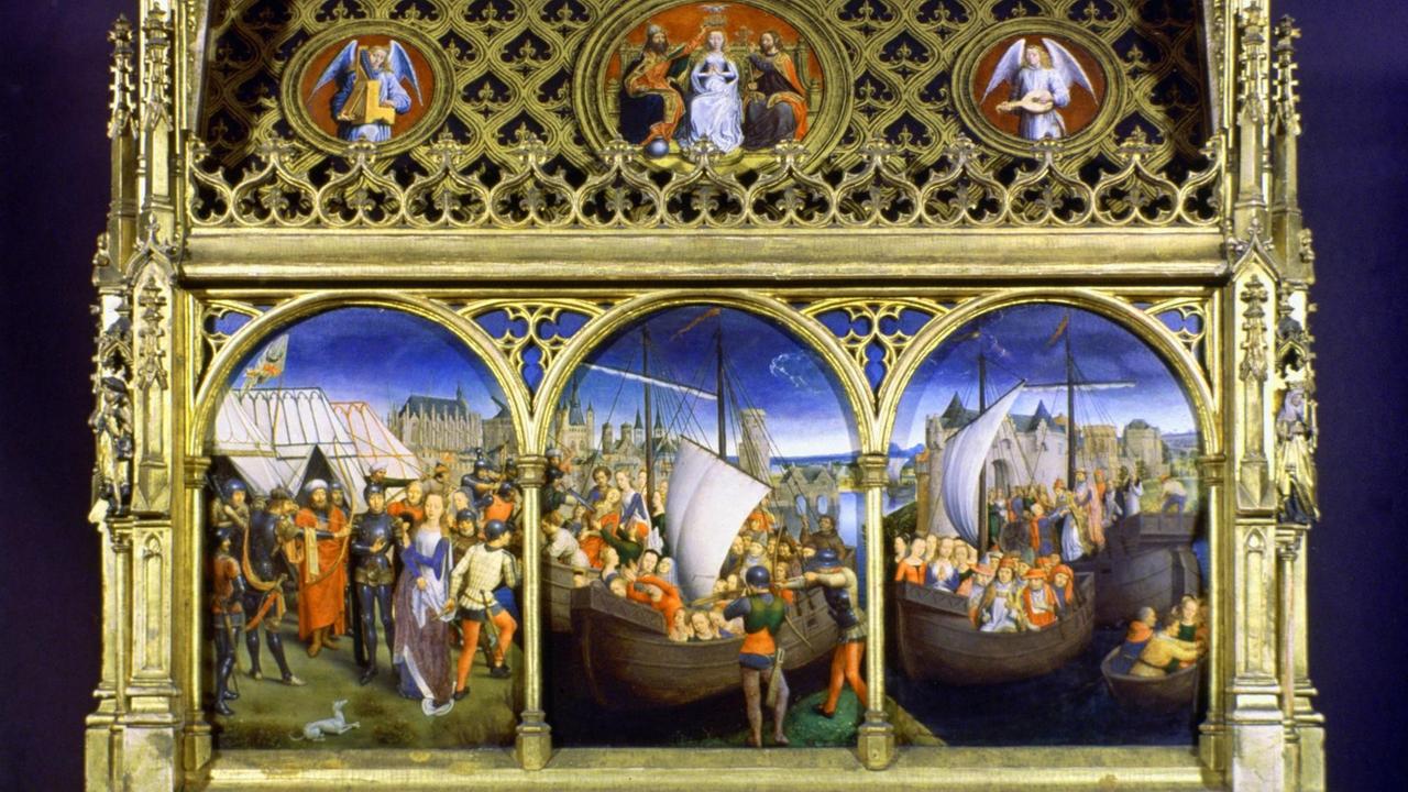 Die Malereien auf dem Ursulaschrein von 1489 zeigen das "Martyrium der Heiligen Ursula", die der Legende nach zusammen mit 11.000 anderen Jungfrauen von den Hunnen bei der Belagerung von Köln im Jahr 381 getötet wurde. (Memlingmuseum, Brügge) Die Malereien auf dem Ursulaschrein von 1489 zeigen das "Martyrium der Heiligen Ursula", die der Legende nach zusammen mit 11.000 anderen Jungfrauen von den Hunnen bei der Belagerung von Köln im Jahr 381 getötet wurde. (Memlingmuseum, Brügge)