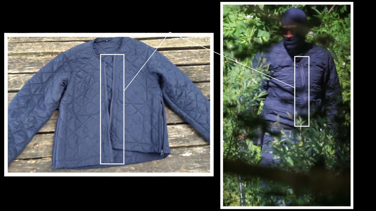 Zwei Fotos nebeneinander zeigen einmal eine Jacke und eine Jacke, die ein Uniformierter aus dem Video trägt Zwei Fotos nebeneinander zeigen einmal eine Jacke und eine Jacke, die ein Uniformierter aus dem Video trägt
