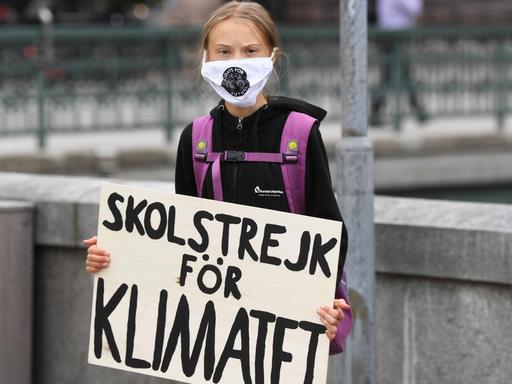 Greta Thunberg steht mit Maske und Schild (auf Deutsch: "Schulstreik für das Klima") vor dem schwedischen Parlament.