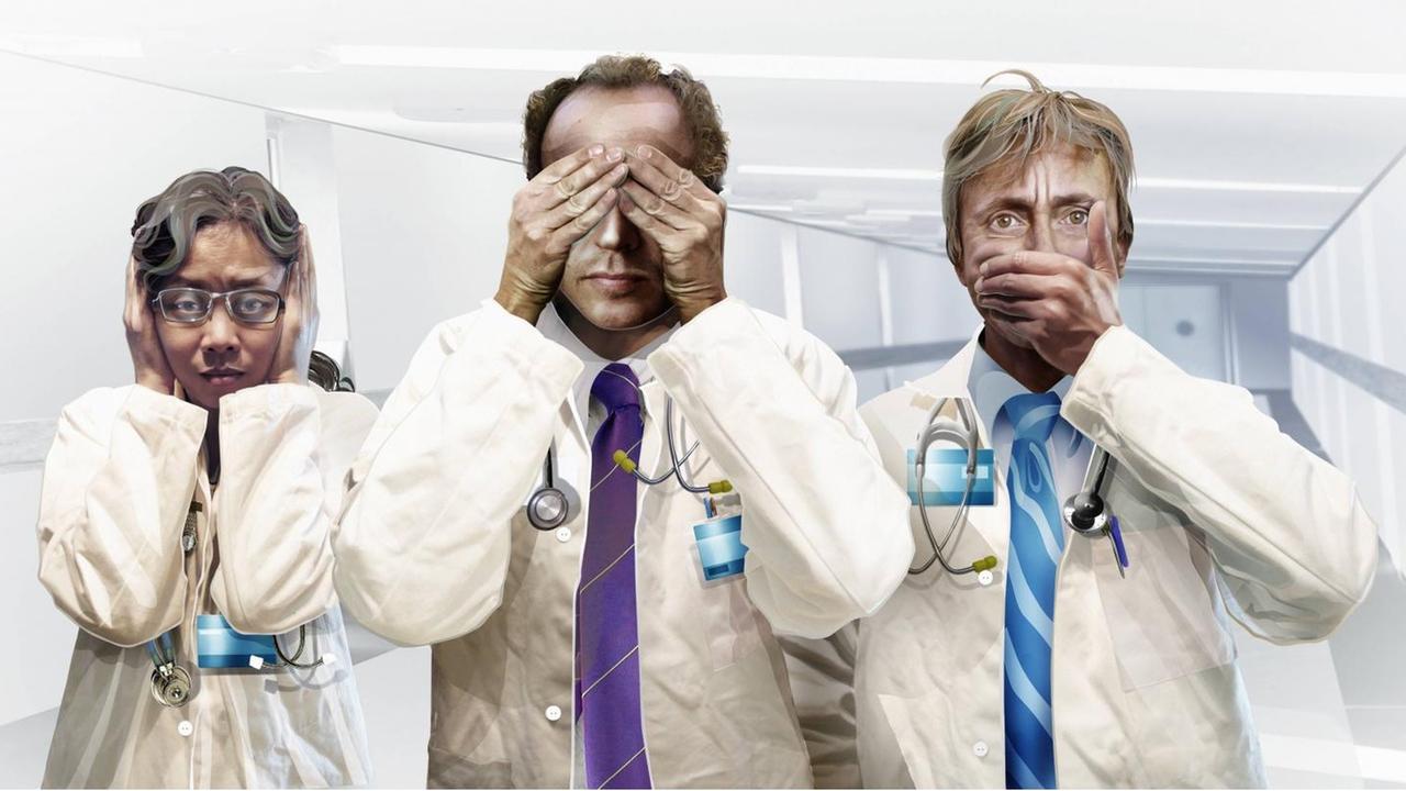 Stilisierte Darstellung dreier Ärzte: eine Persone hält sich die Ohren zu, eine die Augen, eine den Mund.