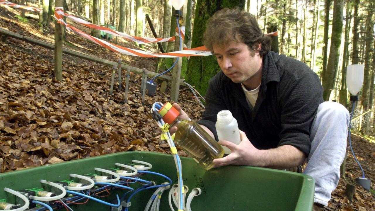 In die Behälter einer Sammelstelle im Schwarzwald läuft Wasser, das aus unterschiedlichen Bodentiefen abgepumpt wird, um es zu analysieren. In die Behälter einer Sammelstelle im Schwarzwald läuft Wasser, das aus unterschiedlichen Bodentiefen abgepumpt wird, um es zu analysieren.