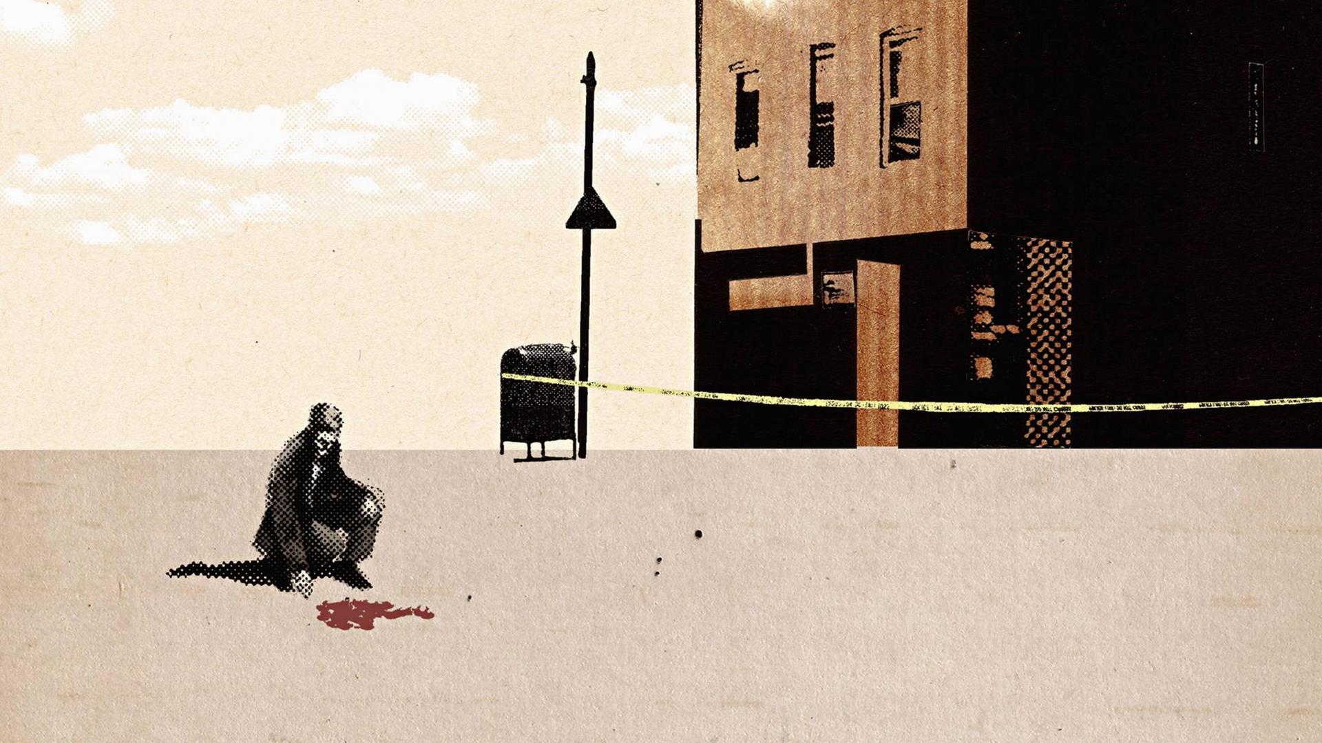 Illustration: Ein Mann untersucht einen Blutfleck auf der Straße. Illustration: Ein Mann untersucht einen Blutfleck auf der Straße.