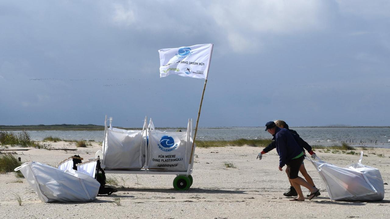 Umweltaktivisten sammeln auf der Insel Scharhörn Müll.