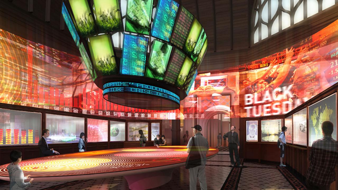 Das Bild zeigt eine Animation einer Lobby des Wirtschaftsmuseums in Paris mit bunten Börsen-Projektionen an der Wand.
