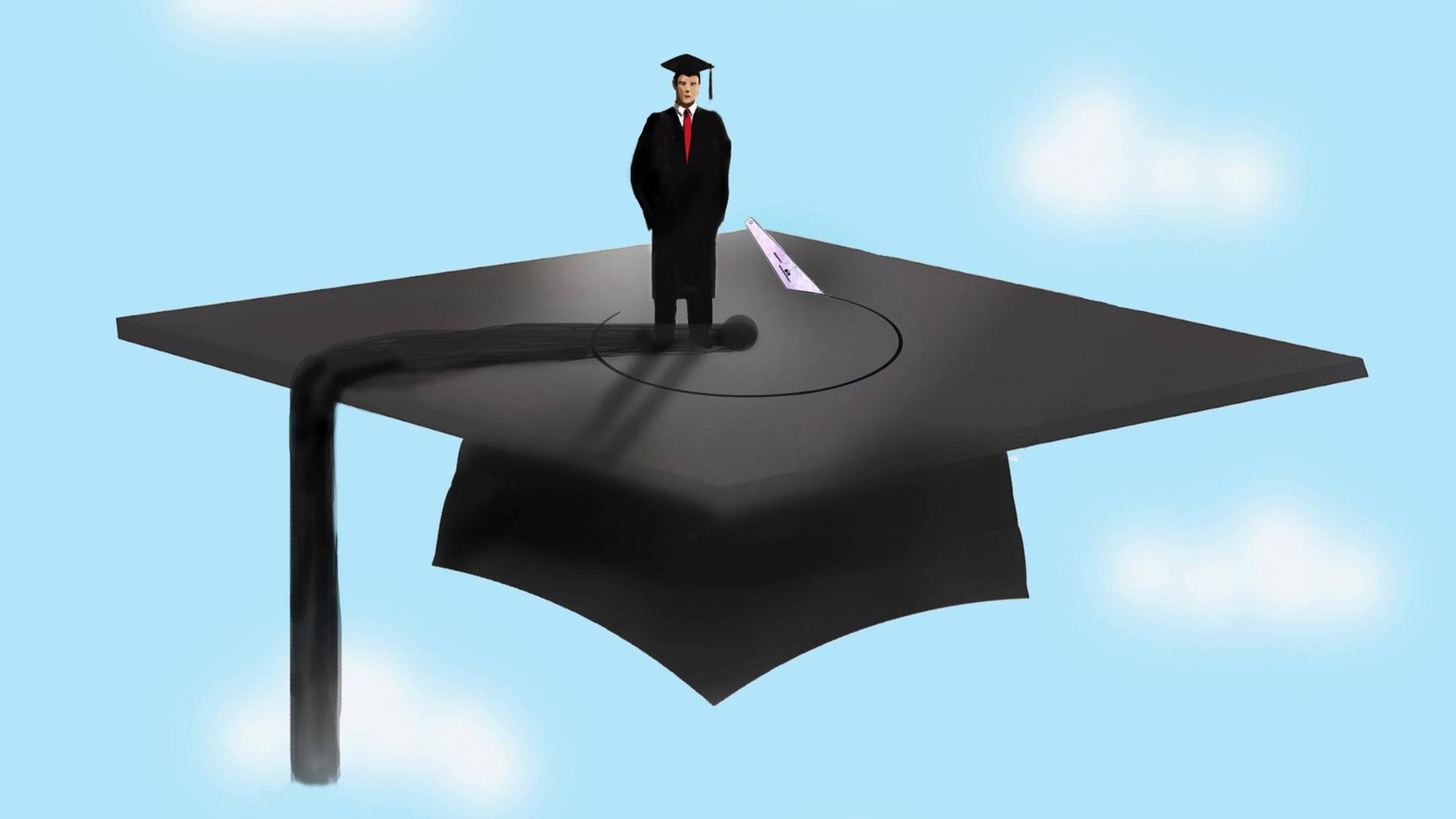 Illustration: Ein Student steht auf seinem Doktorhut, an dem gesägt wird. Illustration: Ein Student steht auf seinem Doktorhut, an dem gesägt wird.