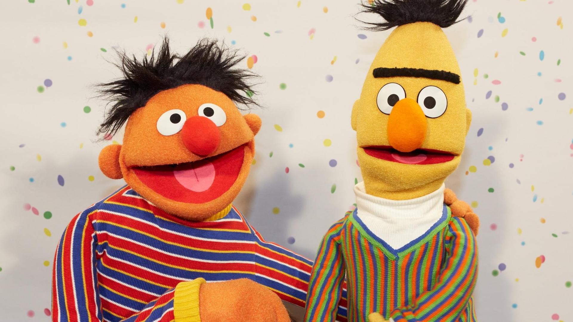 Ernie (l) und Bert posieren 2013 bei einem NDR-Pressetermin zu "40 Jahre Sesamstraße".