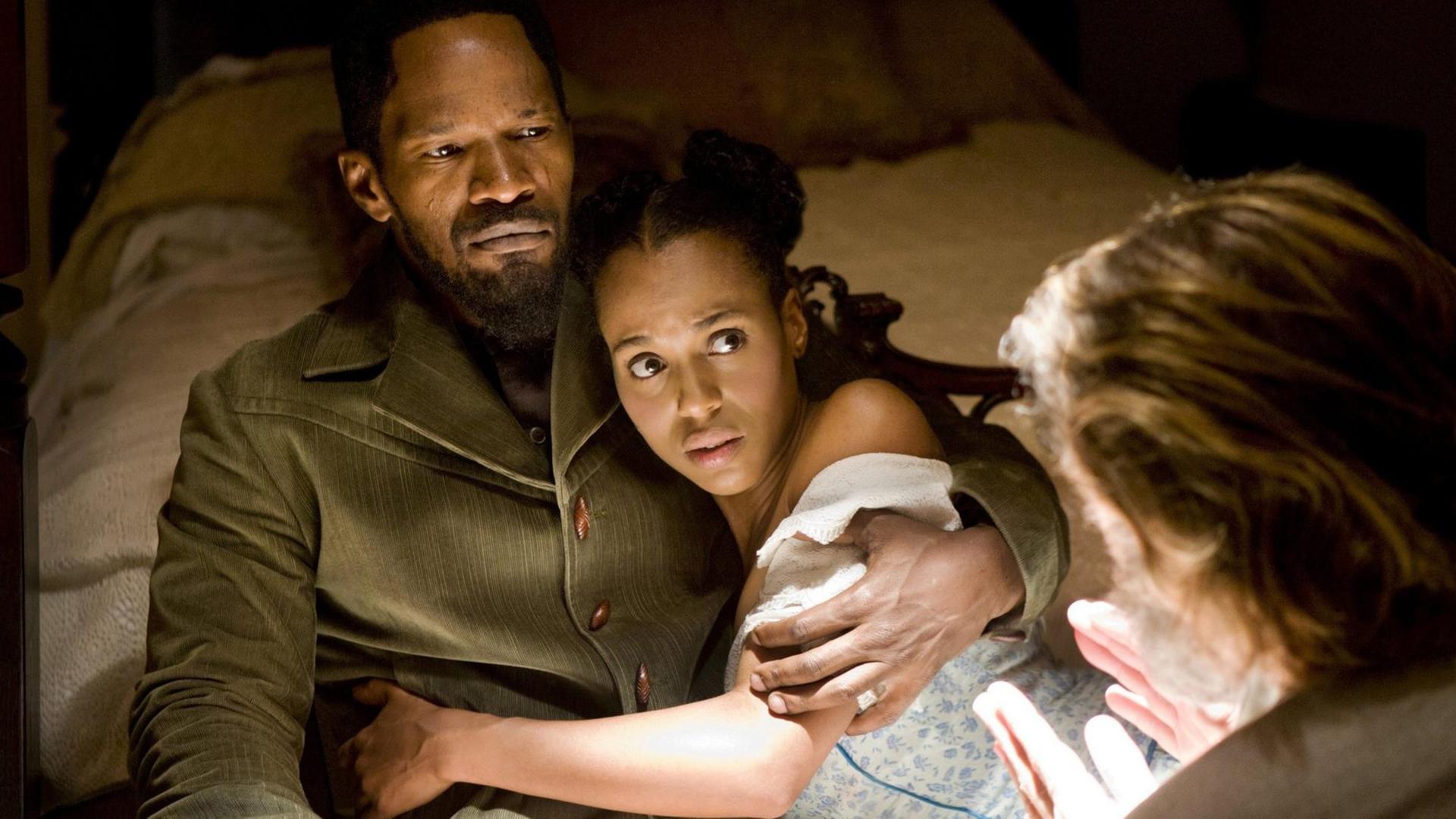 Der Western "Django Unchained" von Quantin Tarantino. Darsteller von links nach rechts: Jamie Foxx, Kerry Washington, Christoph Waltz, 2012. Der Western "Django Unchained" von Quantin Tarantino. Darsteller von links nach rechts: Jamie Foxx, Kerry Washington, Christoph Waltz, 2012.